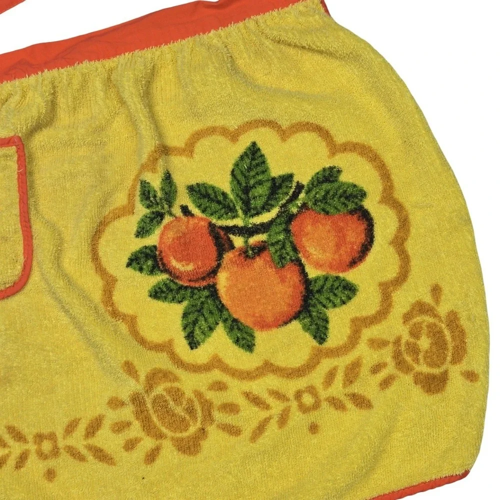 Vintage 70s Yellow Terry Cloth Half Apron Orange Fruit Floral Retro Kitchen